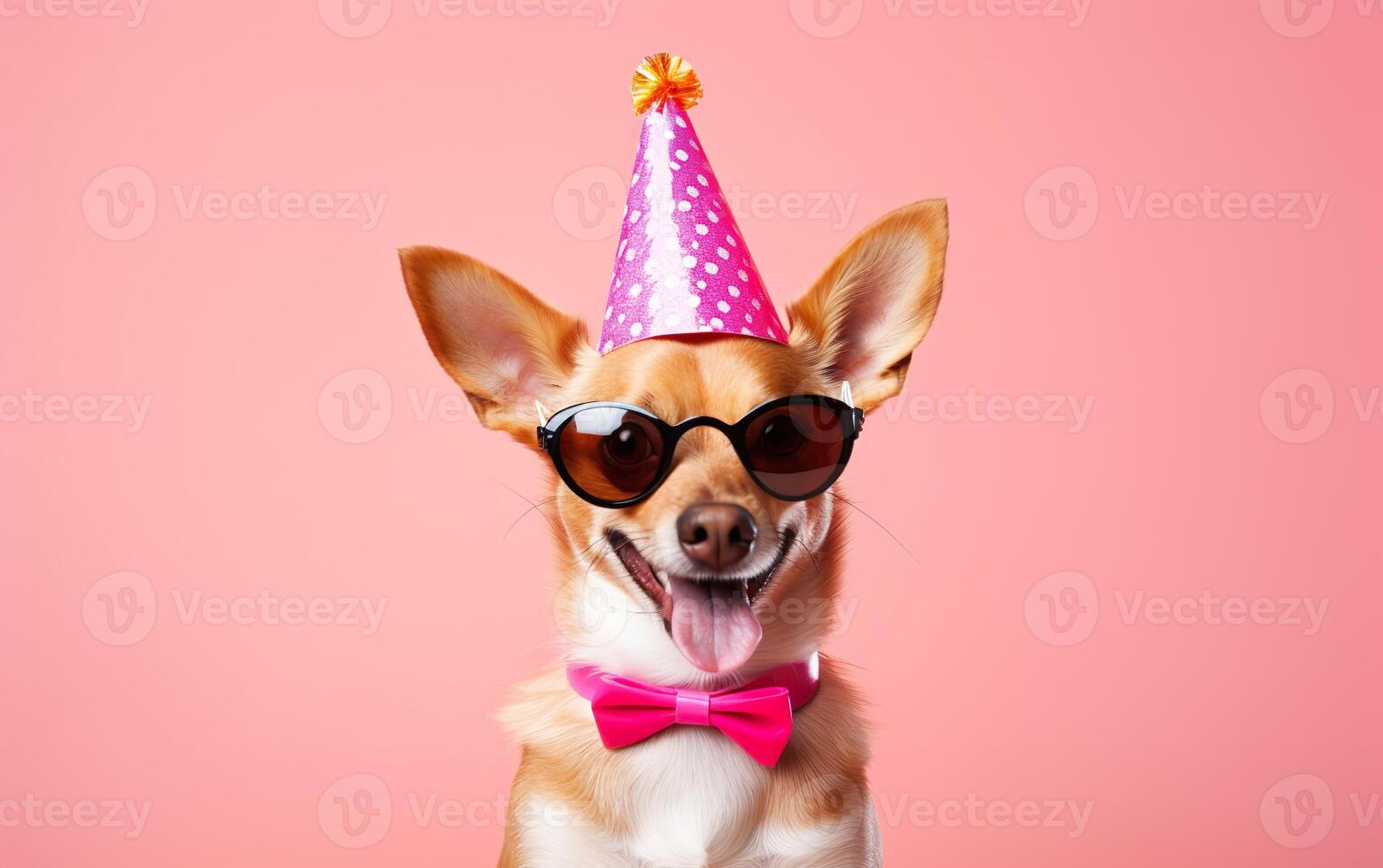 Cute dog in Party Hat, bow tie and Sunglasses over pink background, bithday banner, Funny Pet Celebrating, AI Generative photo