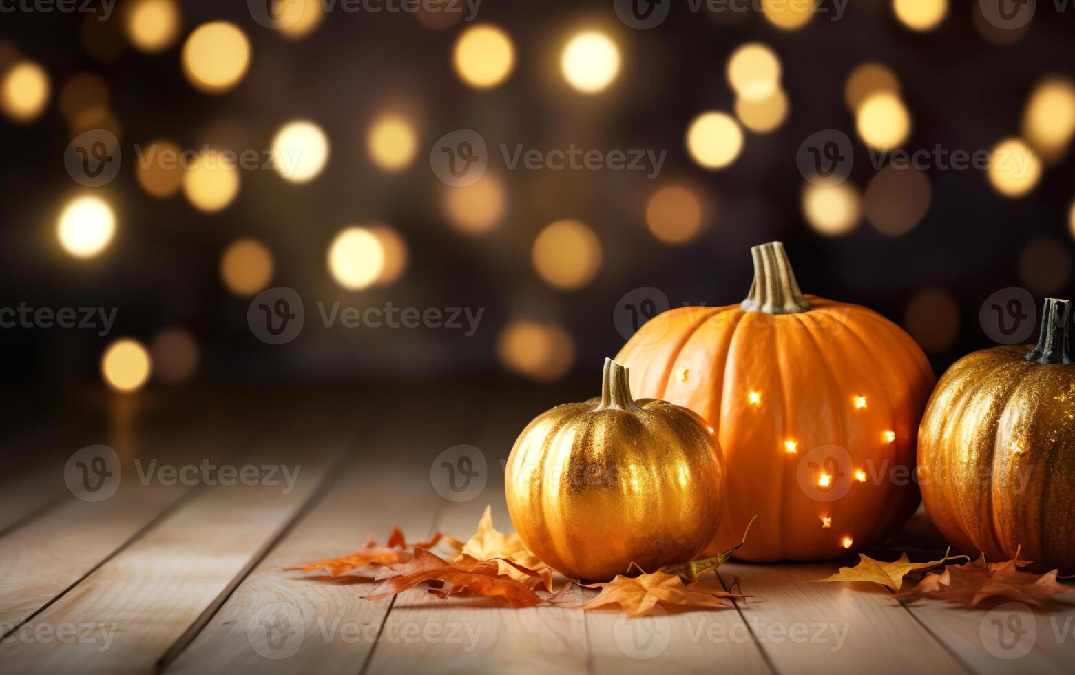 Golden pumpkins decor with lights garland on wooden table. Orange and dark bokeh lights background. Thanksgiving and Halloween greeting card concept. Copy space. photo