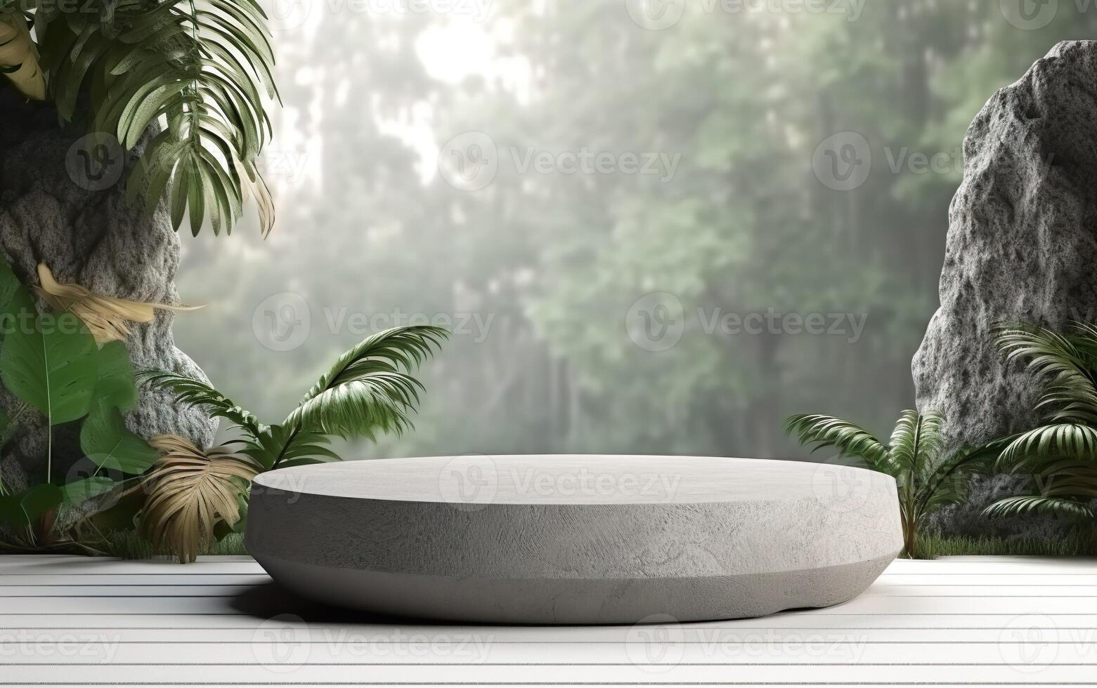 3d rendering empty product display podium scene with cylinder stand concept. Green forest with rocks background, for beauty skincare technology products display, photo