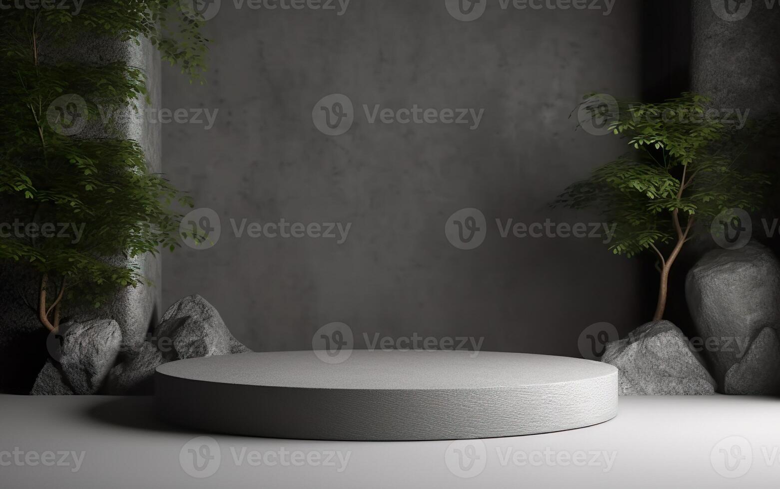 3d rendering scene with Empty cylinder concrete podium or pedestal, Tropical plants with stones background. 3d stage showcase, beauty skincare technology products display. photo