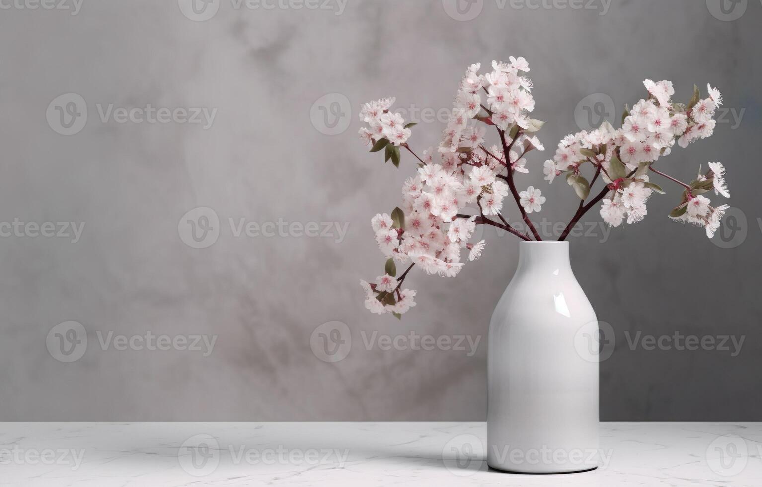 White ceramic vase with blooming flowers branches in sunlight from window on pastel pink gray wall, shadow on white floor for decoration, luxury cosmetics, skincare, beauty background, photo