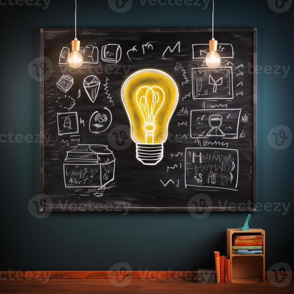 Hand-drawn light bulb on chalkboard symbolizing creativity photo