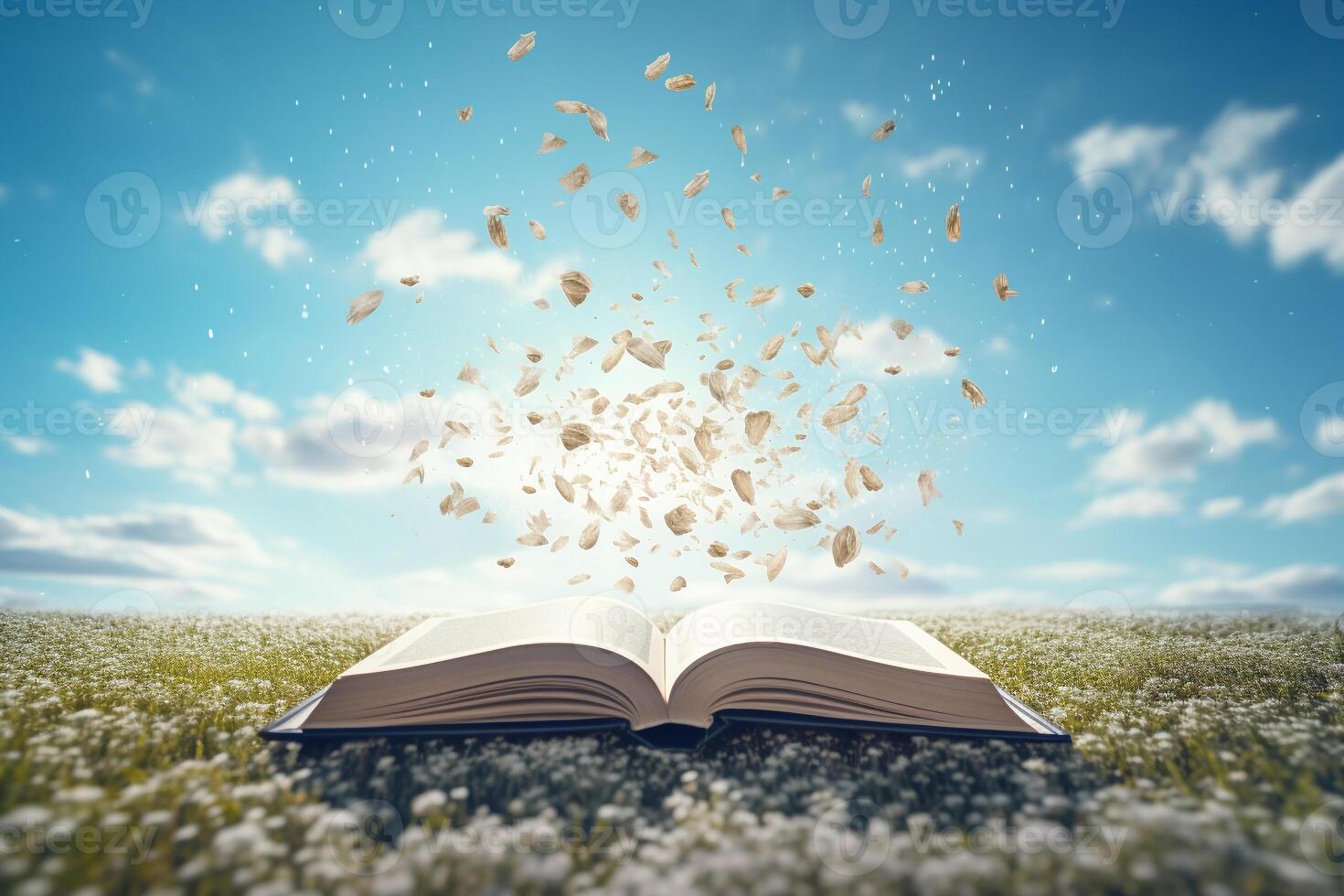 Hardcover book with floating letters against sky backdrop photo
