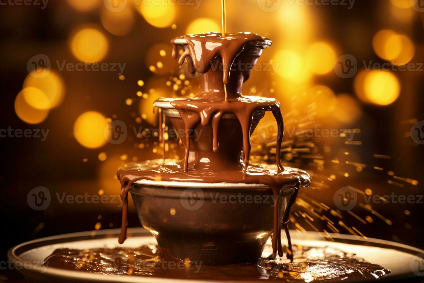 Chocolate Fountain Gushing Against Illuminated Backdrop with Left Copyspace AI Generative photo