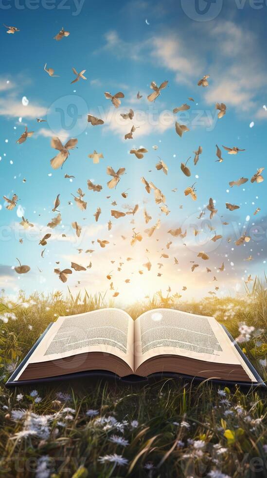 Hardcover book with floating letters against sky backdrop photo
