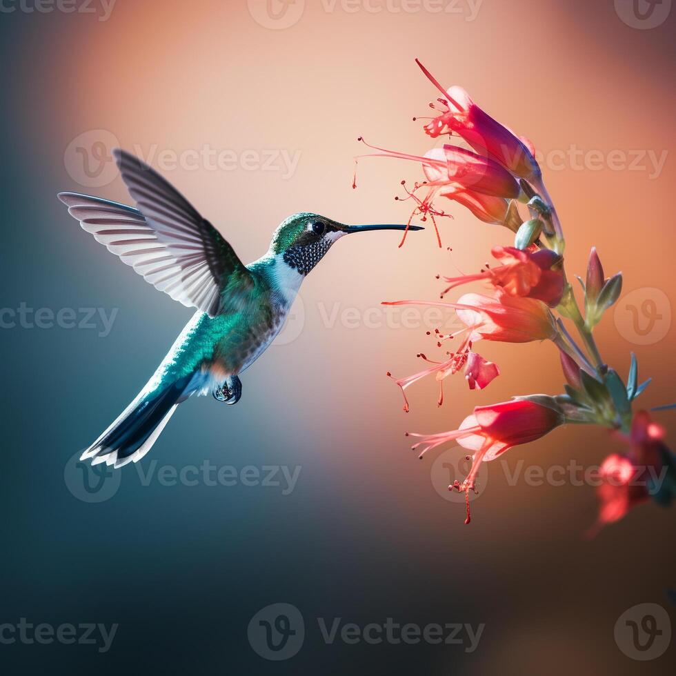 Minimalist capture of a hummingbird mid-flight sipping nectar from an exotic flower photo