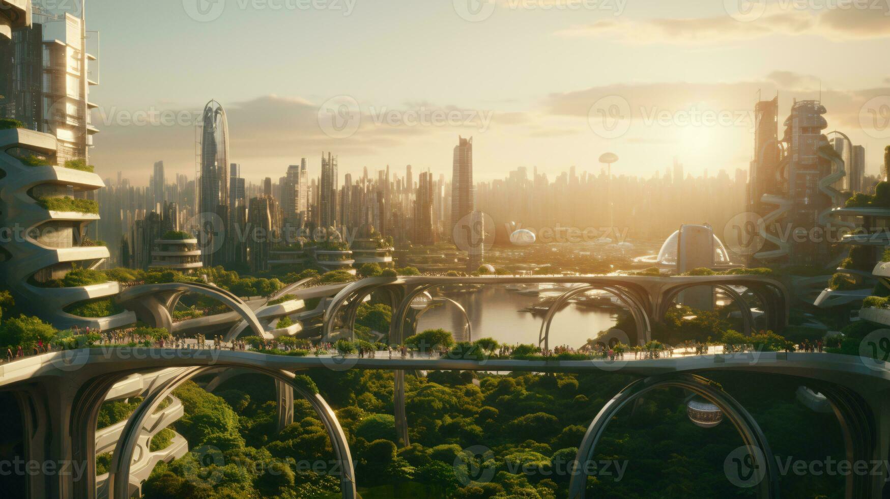 Sunset over Futuristic City with Skyscrapers Green Integration and Digital Billboards of Smart Urban Living AI Generative photo