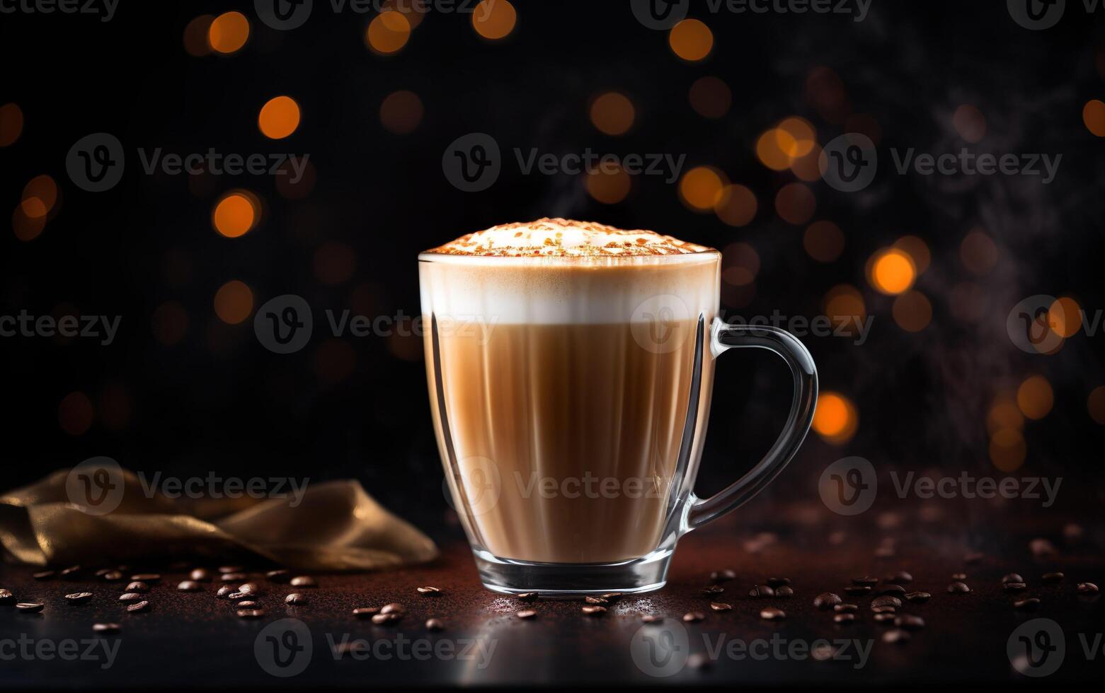 glass cup of latte with cinnamon and whipped cream on a plate, blurred sparkling dark and gold background with beautiful bokeh, coffee beans on the black wooden table. AI Generative photo