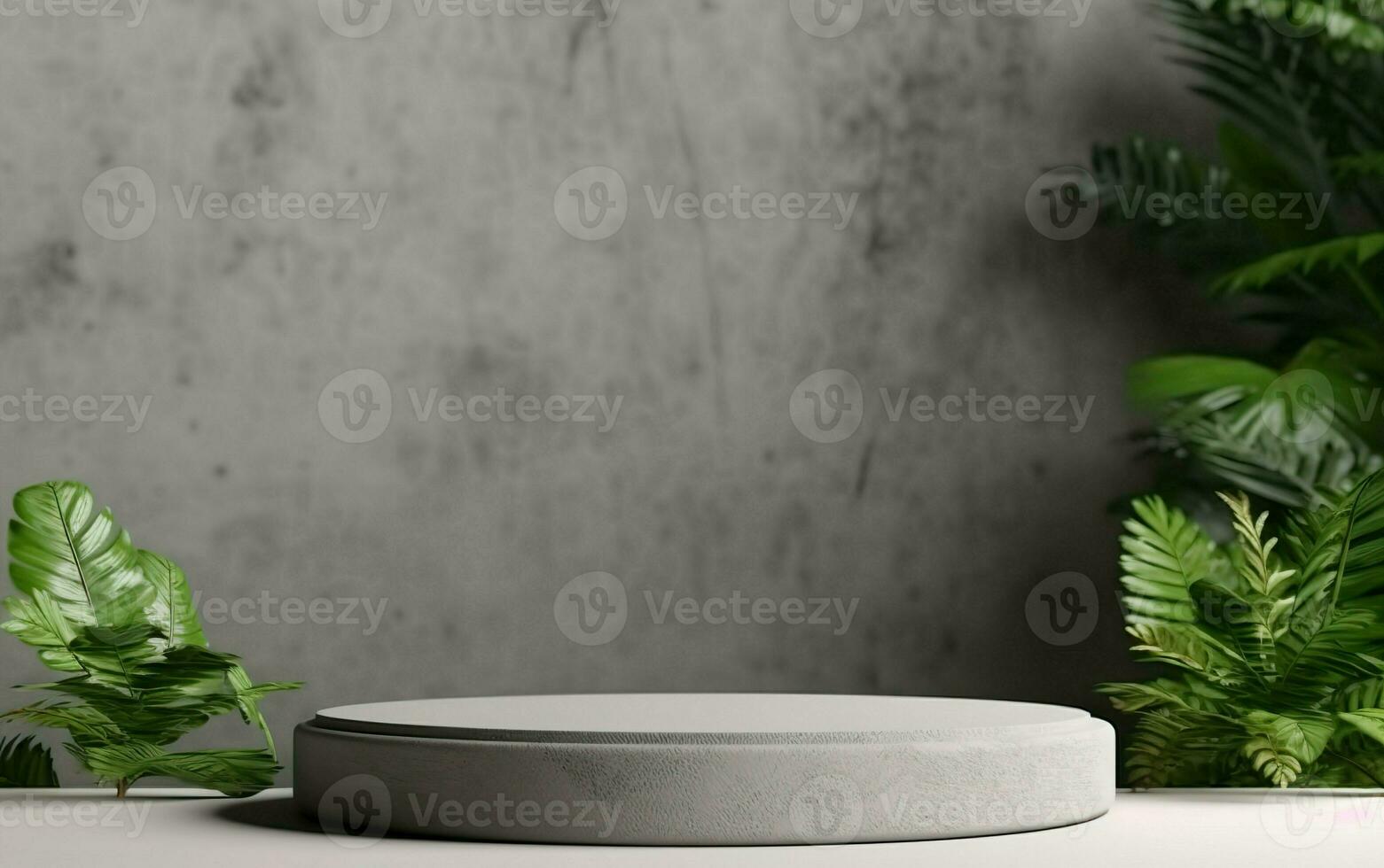 Empty concrete podium or pedestal with tropical plants background. Blurred gray wall. 3d stage showcase, beauty skincare technology products display. AI Generative photo