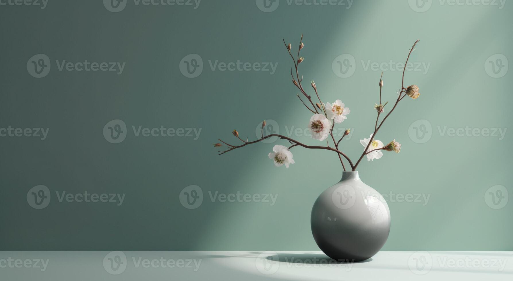 White ceramic vase with blooming flowers branches in sunlight from window on pastel green wall, shadow on white floor for decoration, luxury cosmetic, skincare beauty product background, photo