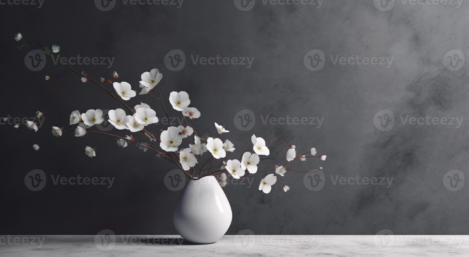 White ceramic vase on table, with blooming flowers in sunlight from window on dark gray wall, shadow on white marble floor for decoration, luxury cosmetic, skincare, photo