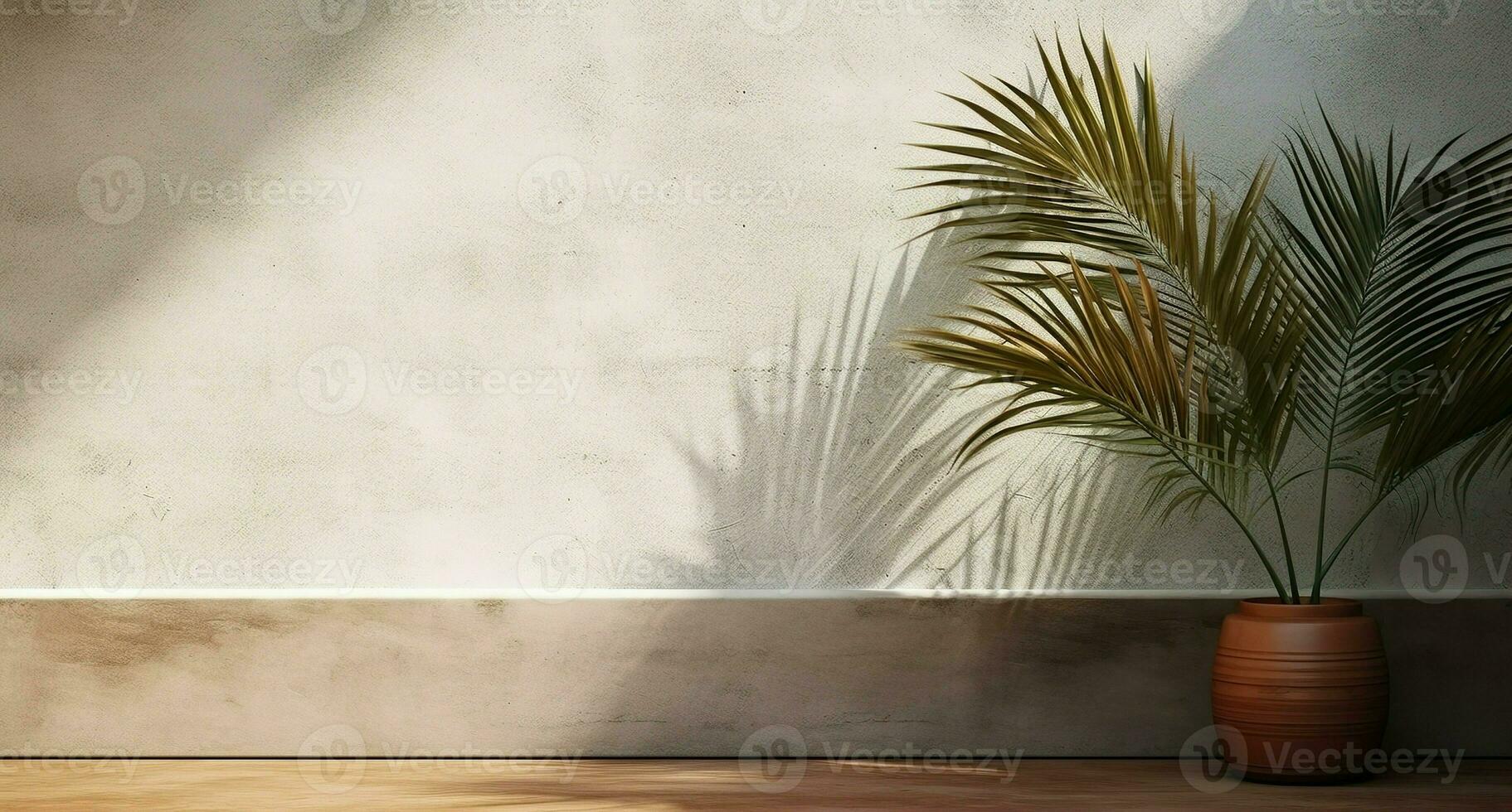 gris cemento pared y piso, palma árbol en florero en un luz de sol, sombra, rayos de sol efecto desde ventana, para lujo interior diseño decoración, producto monitor antecedentes. ai generativo foto