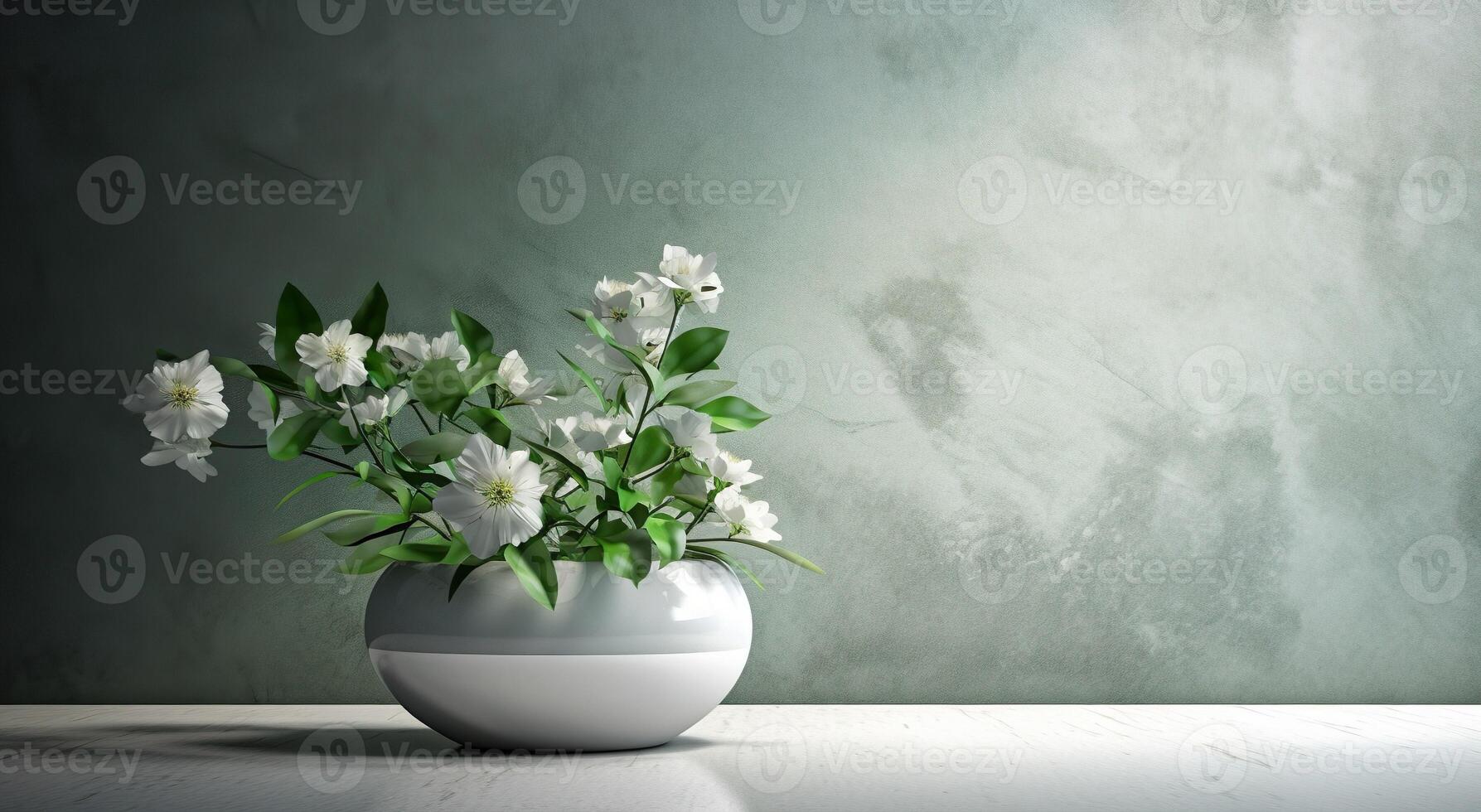 White ceramic vase with blooming flowers branches in sunlight from window on emerald gray wall, shadow on white floor for decoration, luxury cosmetic, skincare beauty product background, AI Generative photo