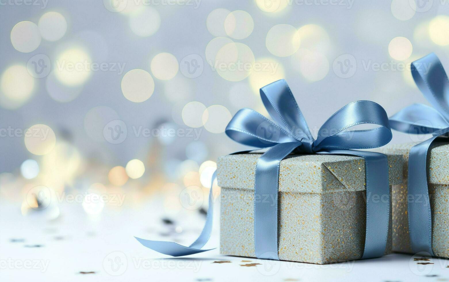 Close up of silver gift boxes with blue ribbon bow tag over blurred bokeh background with lights. Christmas decor. Greeting festive image. Copy space. AI Generated photo