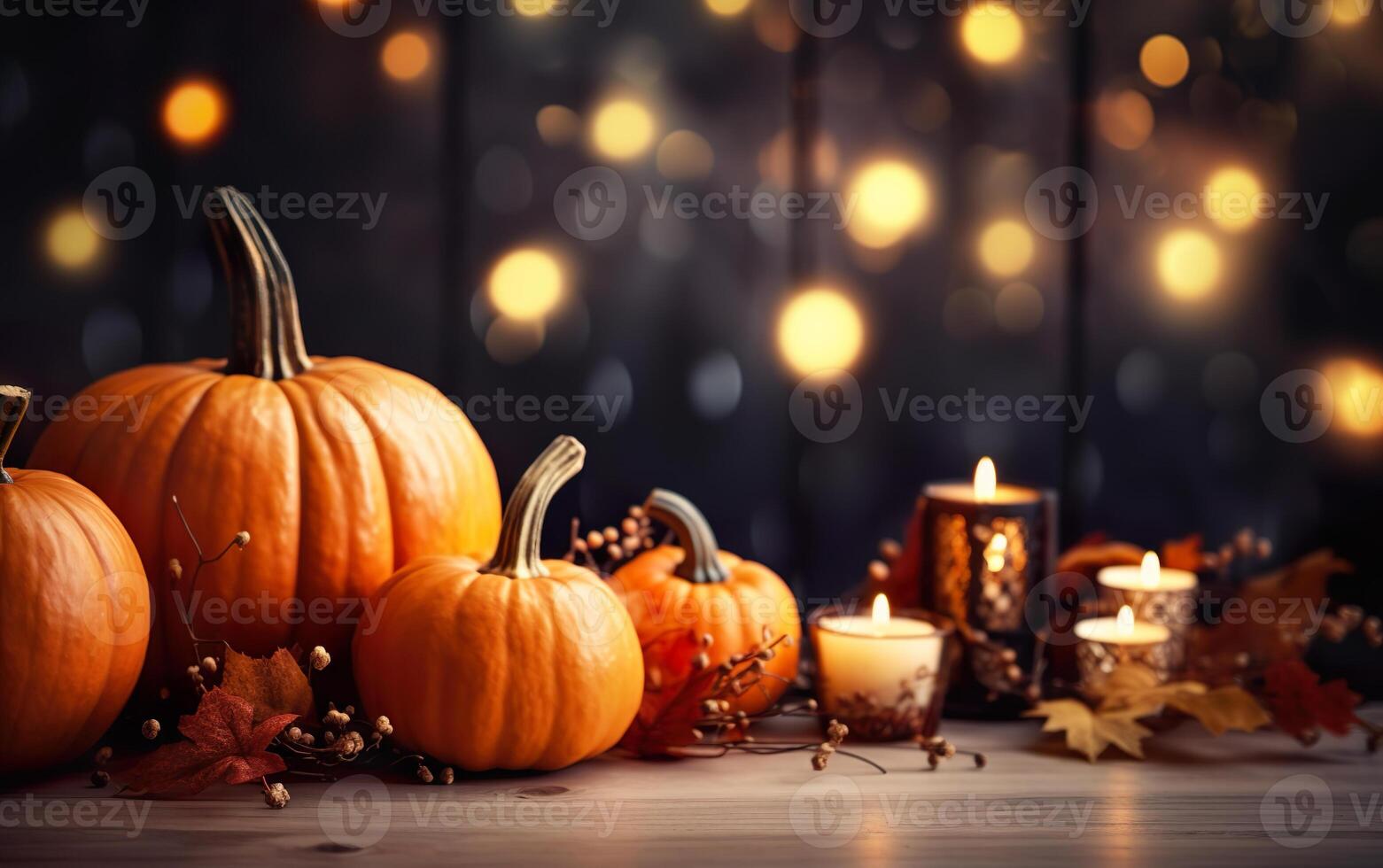 Autumn pumpkin with candles dry leaves on dark bokeh lights blue background with copy space. Wooden table. Halloween concept. Happy Thanksgiving. photo