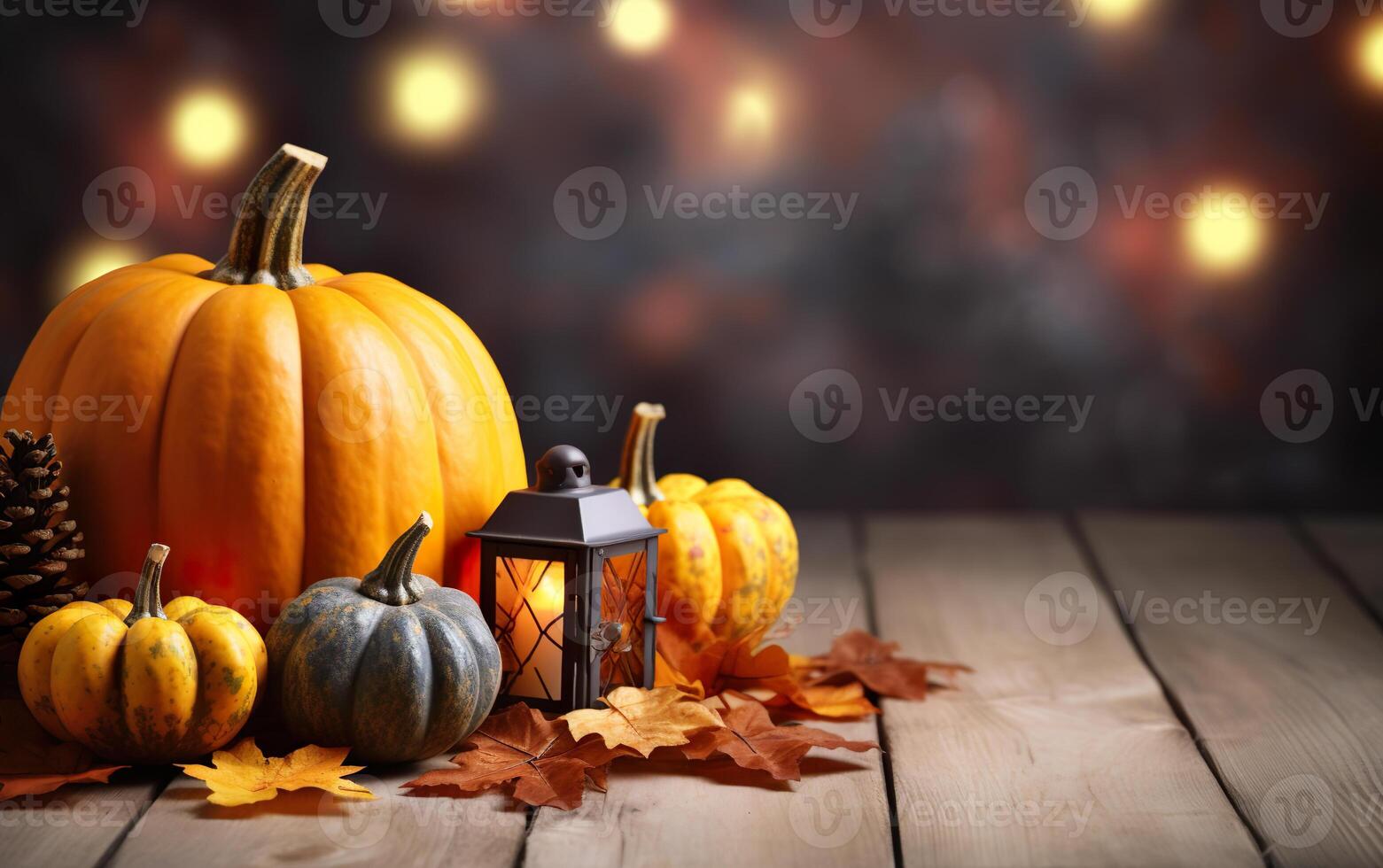 Thanksgiving day with pumpkins, holiday lanterns, pine cone and maple leaves on dark bokeh lights background. Autumn composition with copy space. Wooden table. Halloween concept. photo