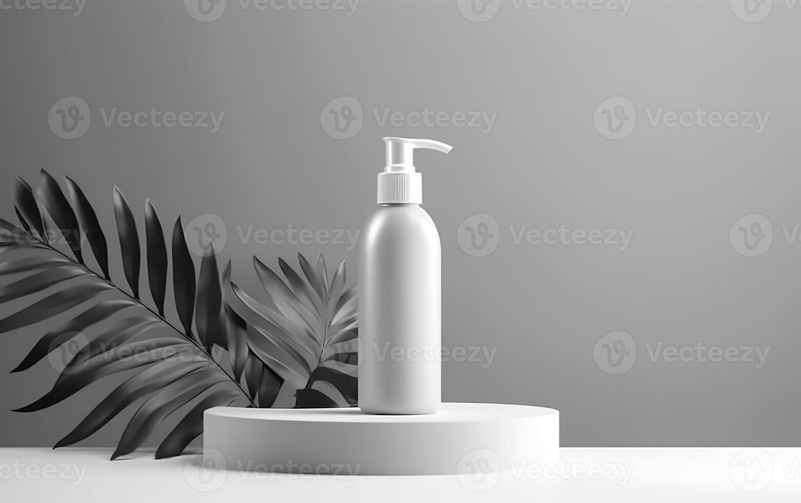 empty bottle mockup of white blanc dispenser on a white podium, light gray background, cosmetic product display scene with palm leaf, photo