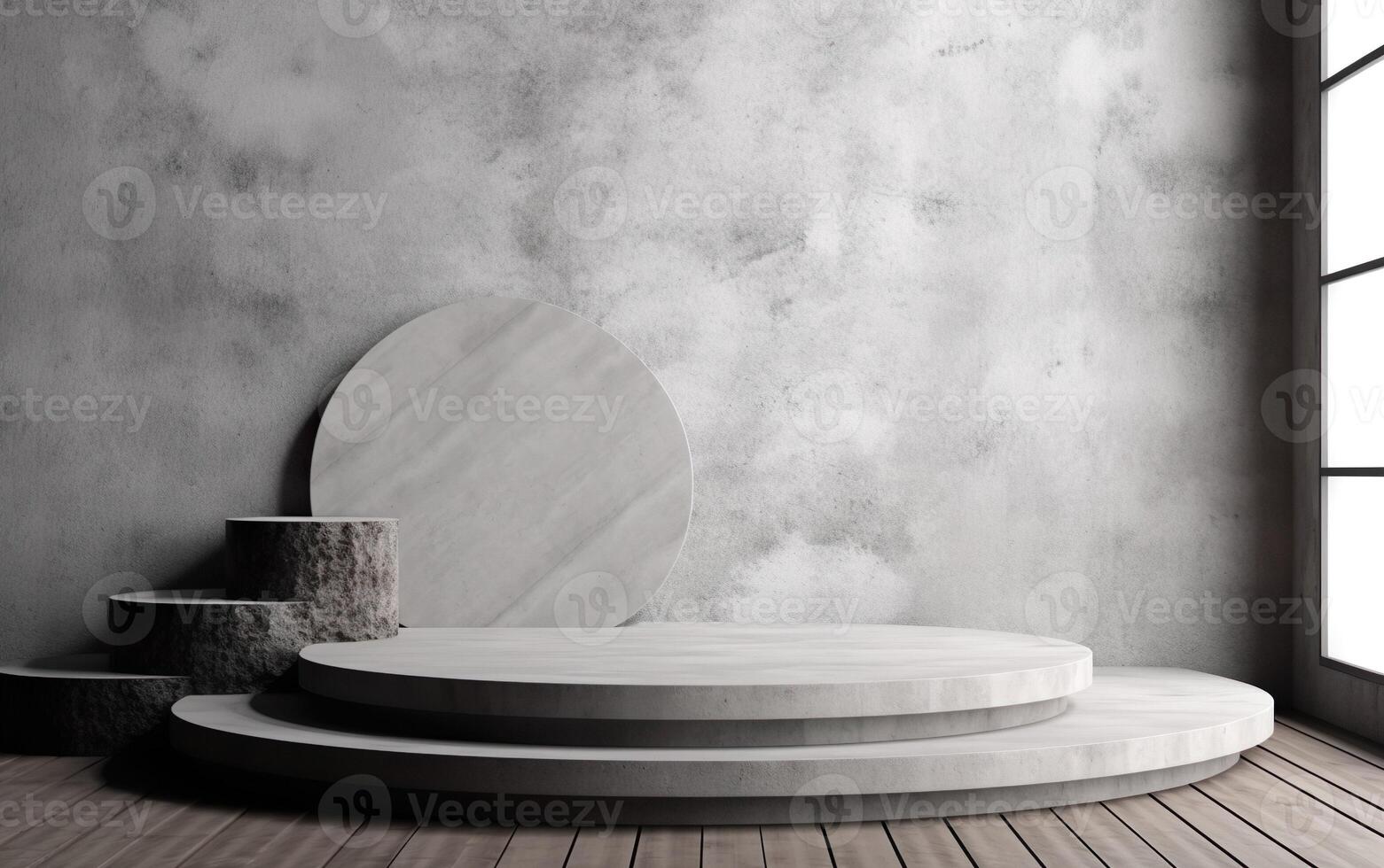 3d rendering empty mockup scene of cube podium set for product template display, gray concrete wall and wooden floor with daylight and shadow, photo