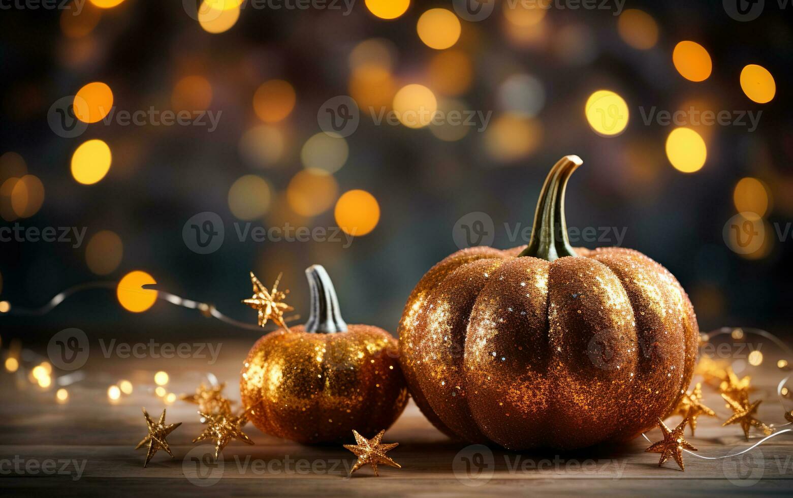 Festive autumn decor of pumpkins wrapped around a string lights garland on wooden table. Orange and dark bokeh lights background. Thanksgiving and Halloween greeting card concept. AI Generative photo