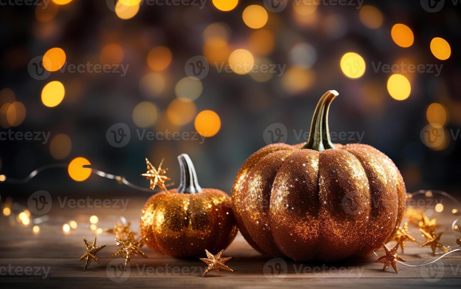 Festive autumn decor of pumpkins wrapped around a string lights garland on wooden table. Orange and dark bokeh lights background. Thanksgiving and Halloween greeting card concept. photo