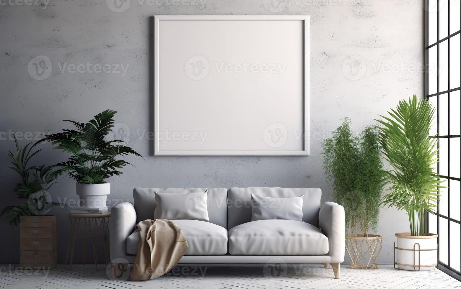 Living room with square mockup frame on the gray wall, decorated with elegant sofa and rug. Green plants on the floor, Gray minimalist design scene in a scandinavian style, photo