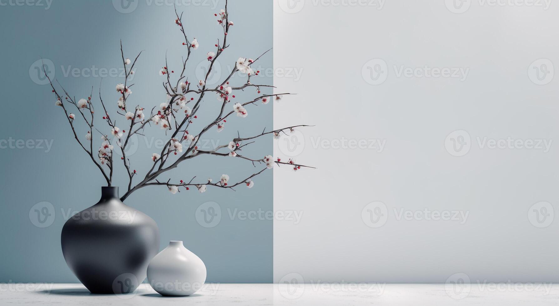2 vases with blooming branches in sunlight from window on pastel blue and gray wall and marble floor for decoration, luxury cosmetic, skincare, beauty product background, photo