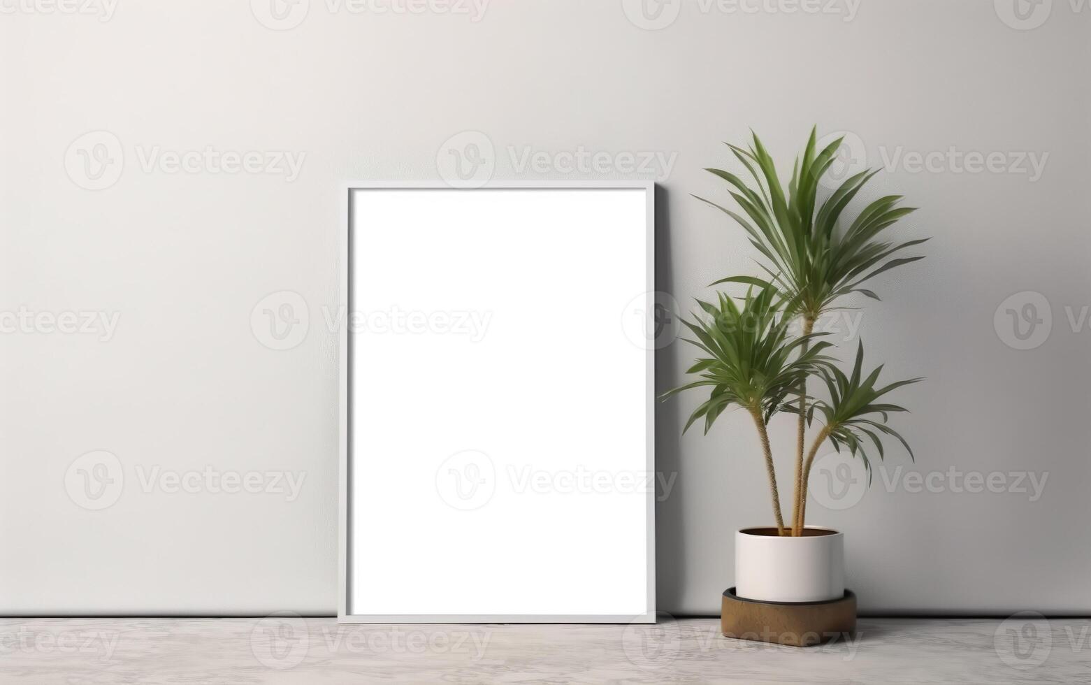 White frame mockup on light grey wall with green plant in vase, blank vertical frame with copy space. Contemporary interior mockup. photo