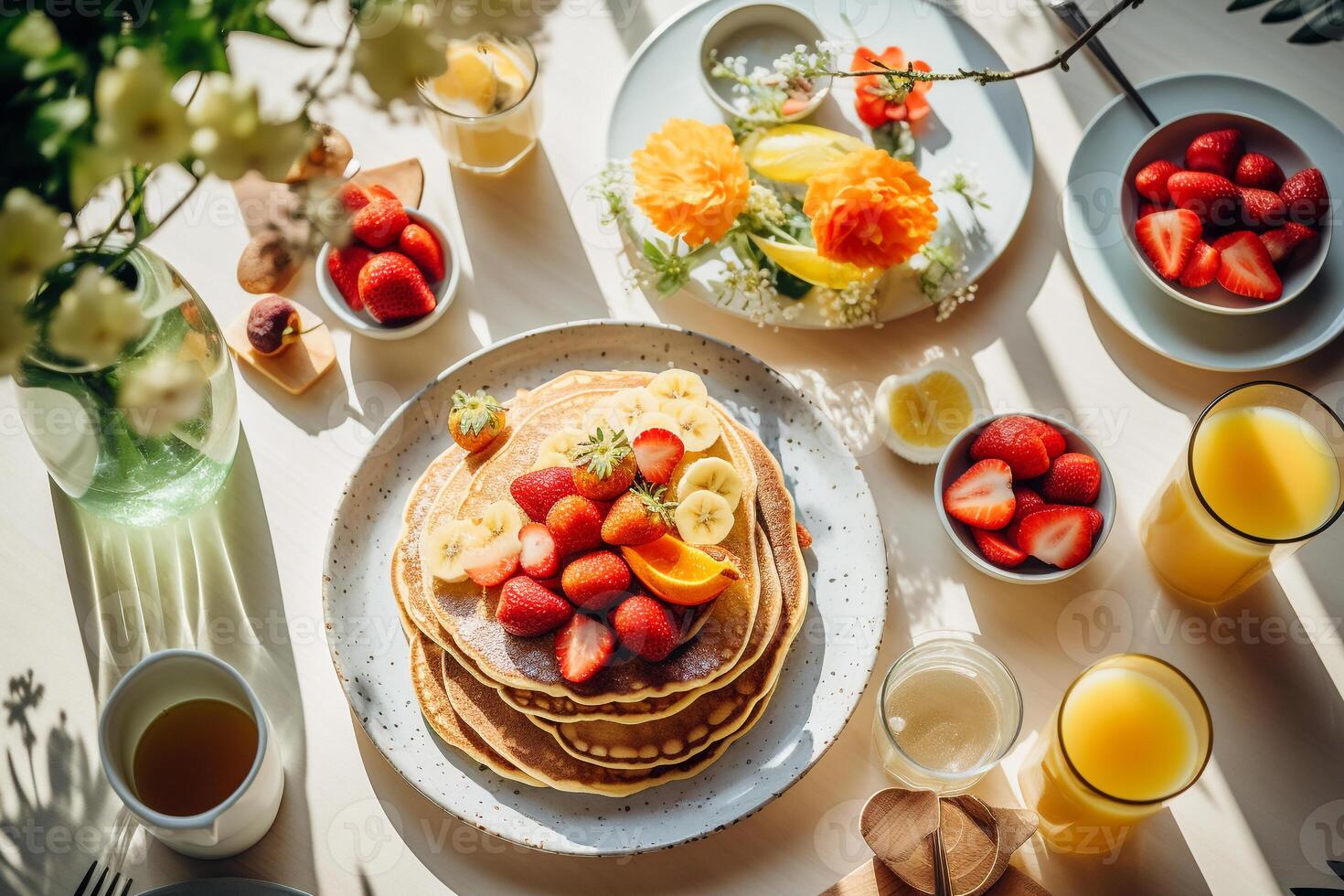 Inviting communal breakfast setting, photographed from above, illuminating the joy of sharing meals in the morning light photo