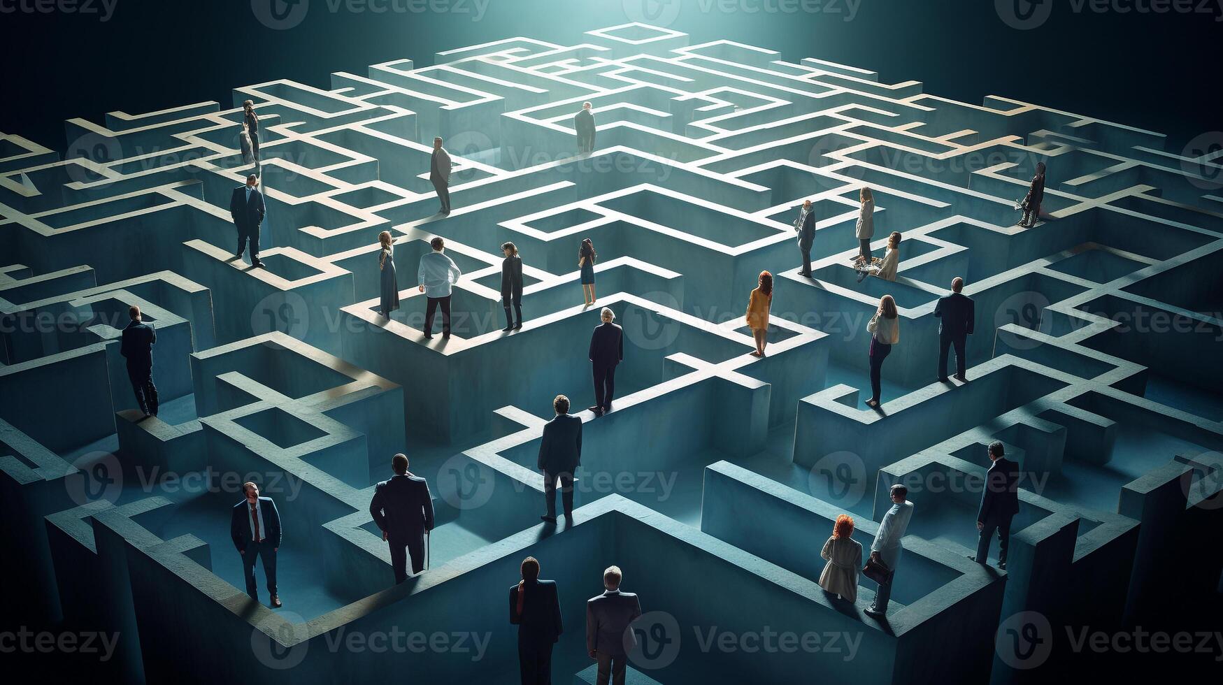 Navigating business challenges depicted by professionals at a 3D maze intersection photo