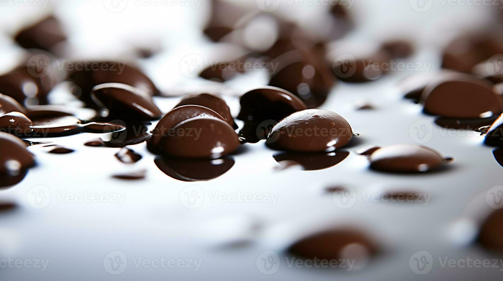 dinámica capturar de dispersado chocolate gotas en brillante reflexivo superficie ai generativo foto