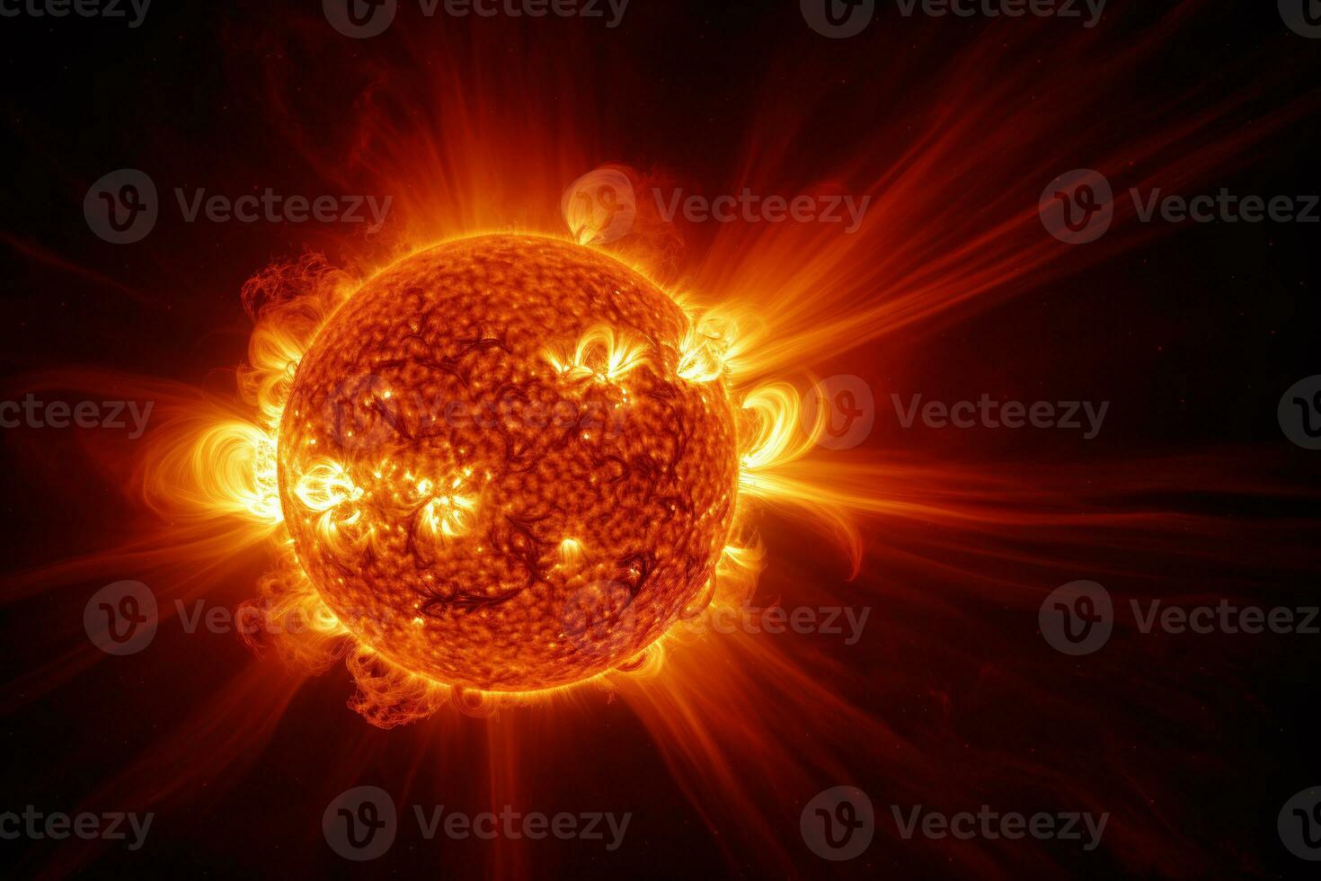 Hyper-realistic image of the sun's surface showcasing the raw power of erupting solar flares AI Generative photo