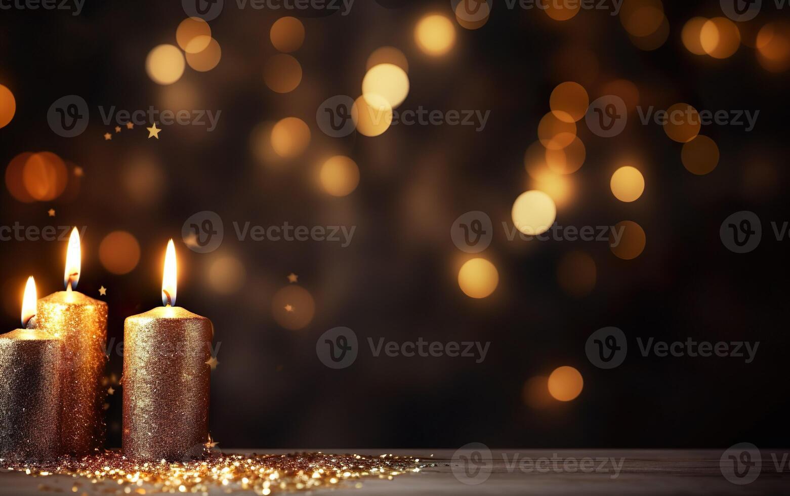 Romantic golden candle on table with glitter. Blurred sparkling bokeh background. Christmas lights. photo