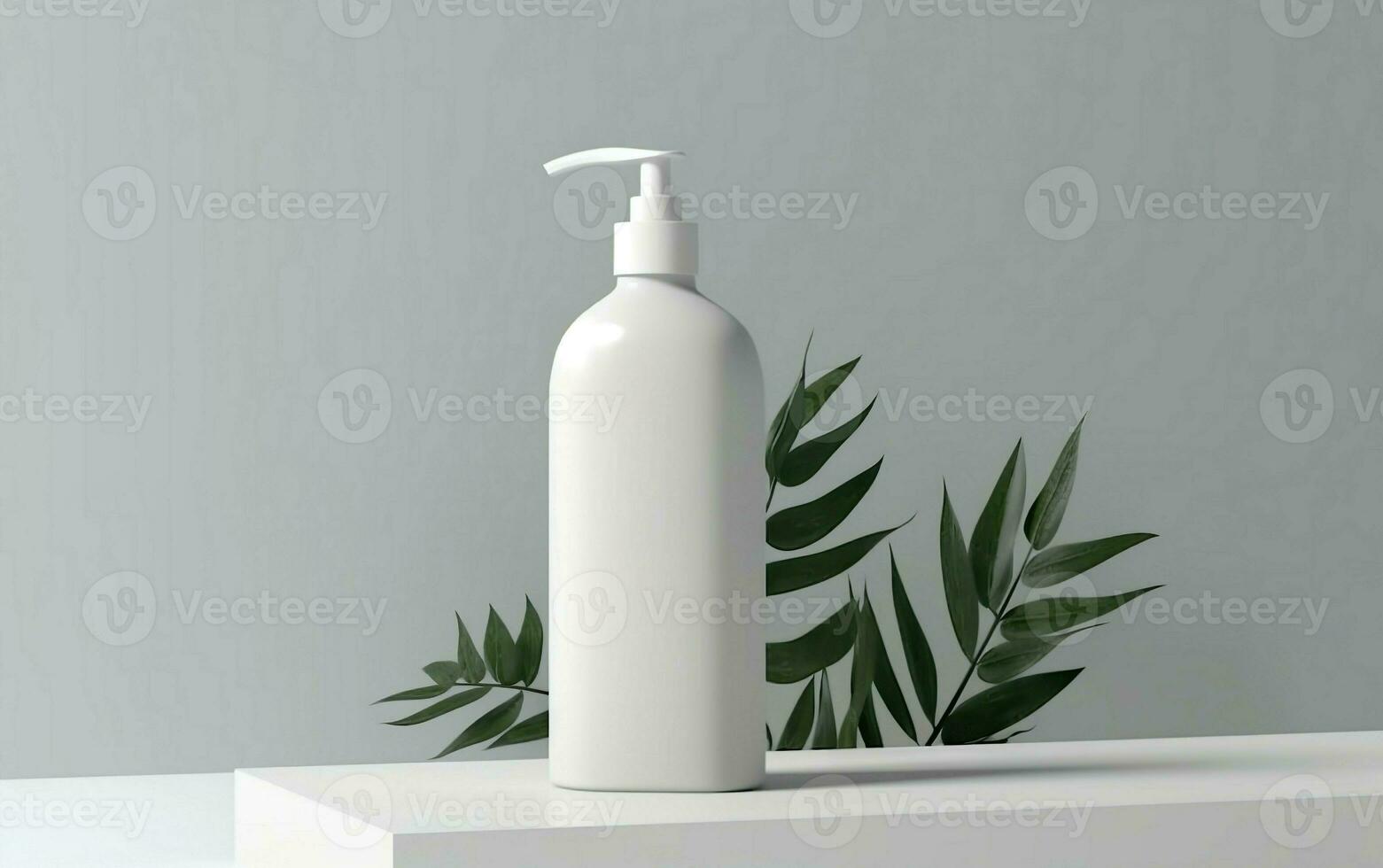Bosquejo de un botella de de blanco blanc dispensador, productos cosméticos producto monitor escena con tropical hoja, ligero gris fondo, ai generativo foto