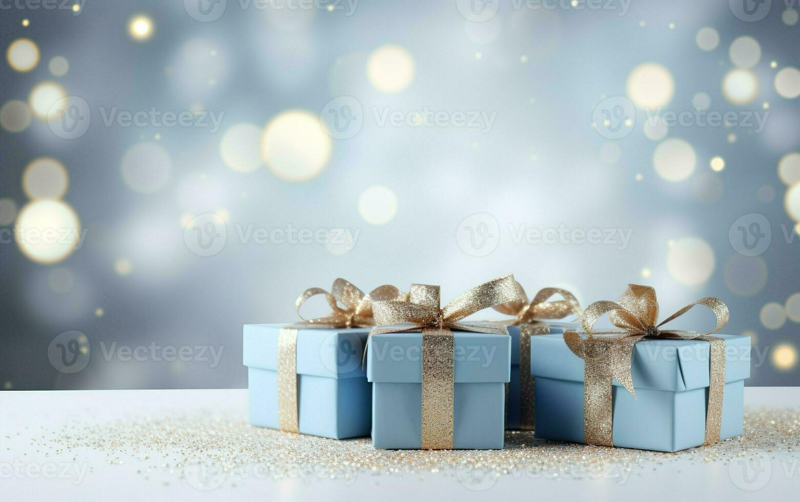 Blue gift boxes with golden ribbon bow tag over blurred bokeh background with lights. Glitter on a white table. Christmas decor. Greeting festive image. Copy space. AI Generated photo