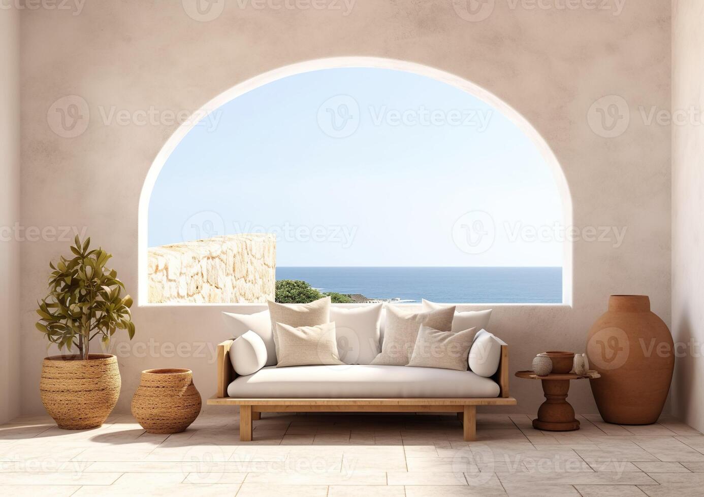 Luxury apartment terrace Santorini Interior of modern living room sofa with beautiful sea view, arched windows and stucco wall, plants in vases, AI Generative photo