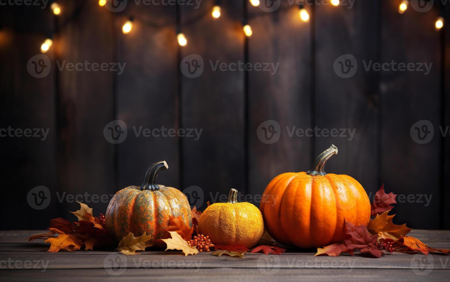 Autumn festival decor composition with pumpkins, garlands and maple leaves on dark wooden background with copy space. Halloween concept. Cozy home. AI Generative photo