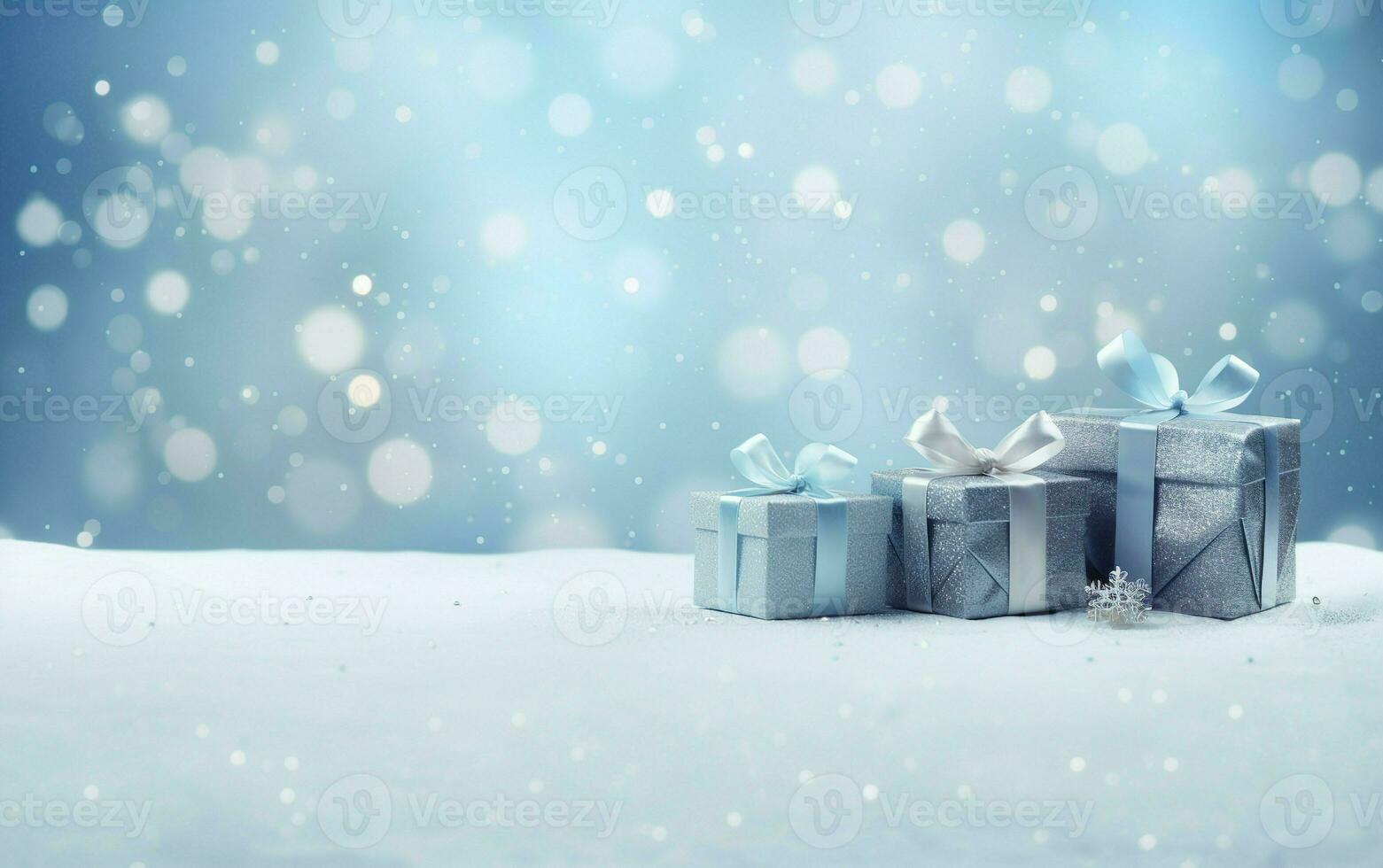 Christmas and new year background - gift boxes with blue and white ribbon bow tag on the snow bokeh background. Snowflake. Greeting festive image with copy space. AI Generated photo