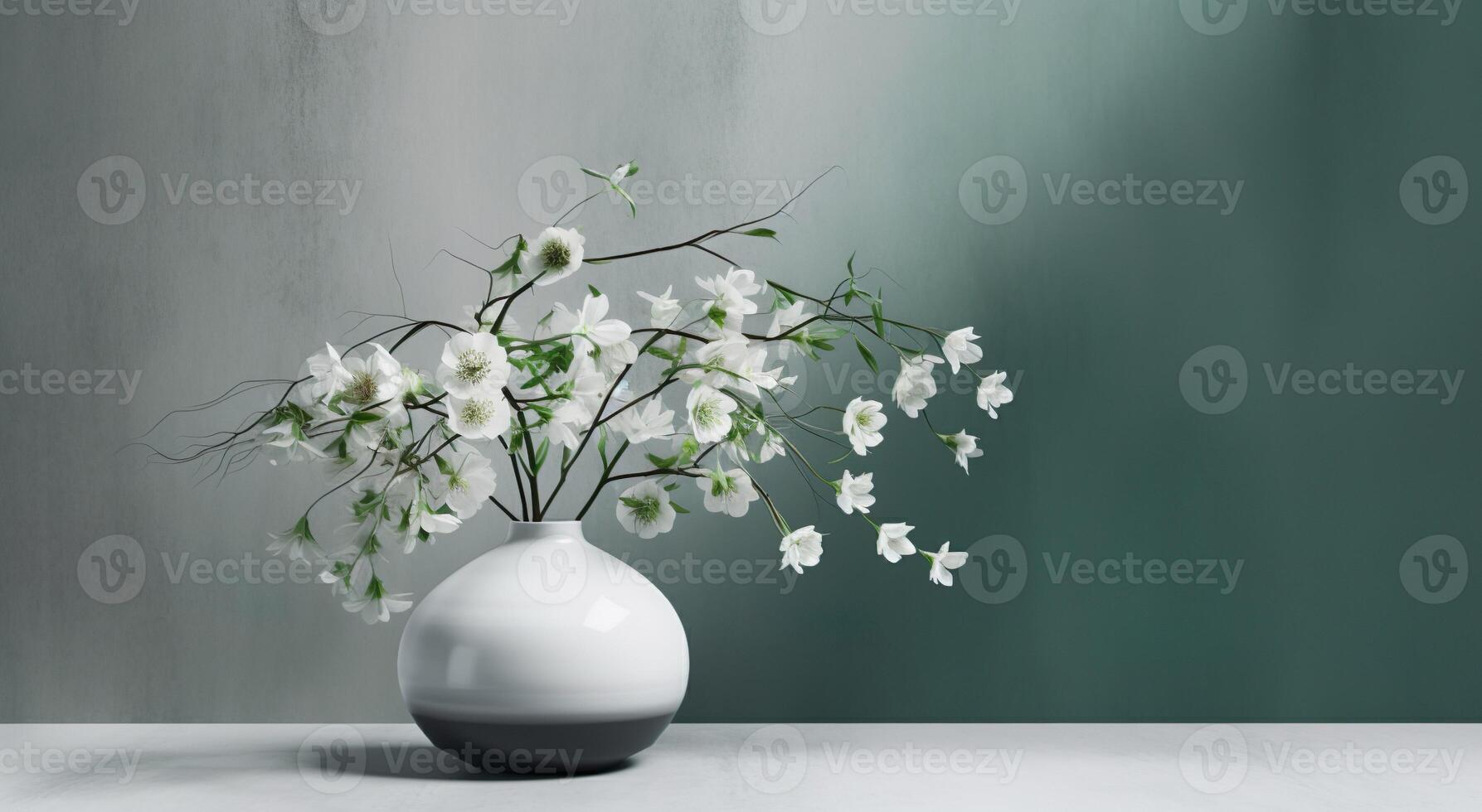 White vase with white blooming flowers in sunlight from window on pastel emerald gray wall, shadow on white floor for decoration, luxury cosmetics, skincare, beauty product display, photo