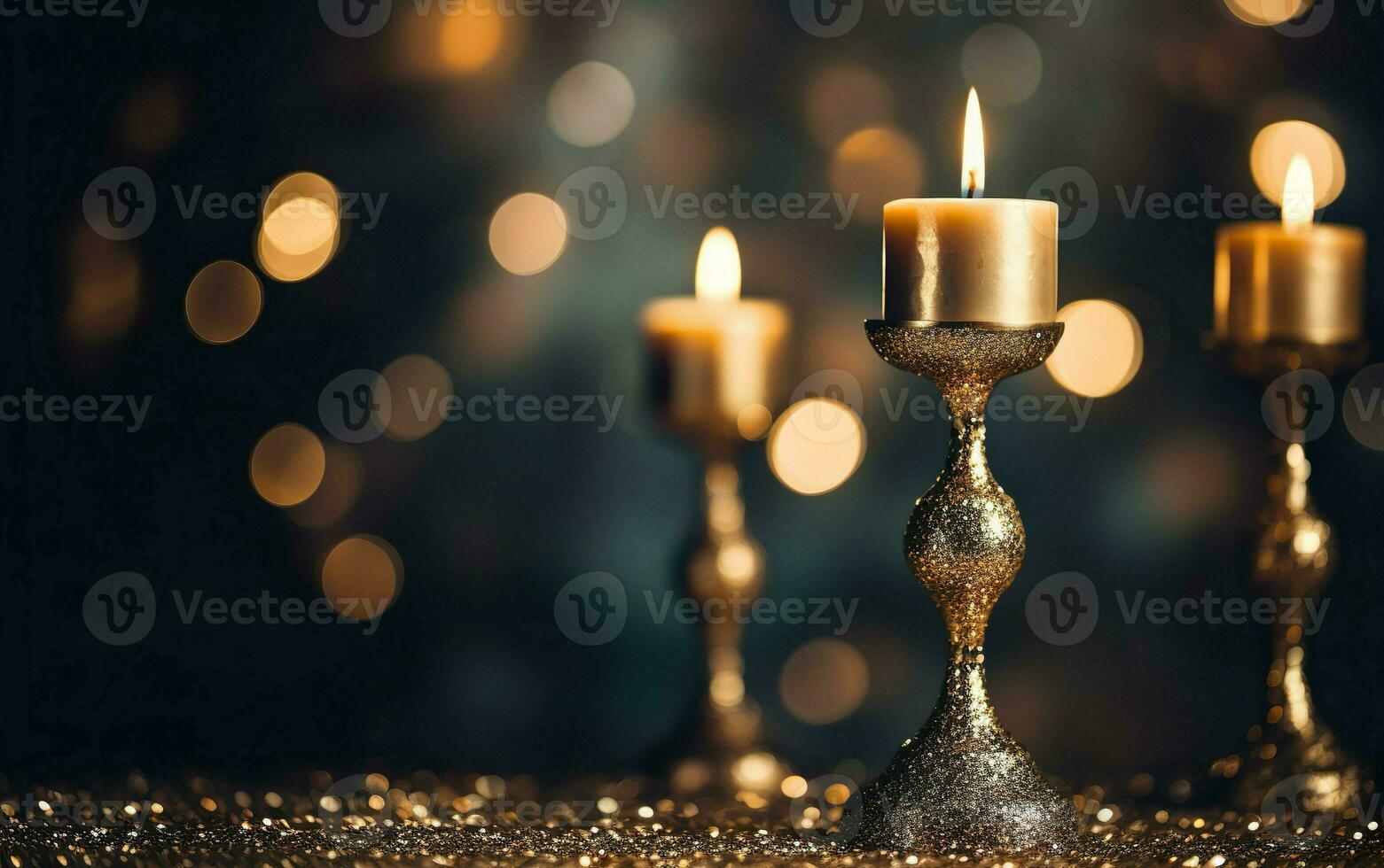 Close up of three golden  burning candles in vintage candlesticks on the wooden table with sparkling glitter. AI Generativeter. Copy space. Blurred Christmas light background photo