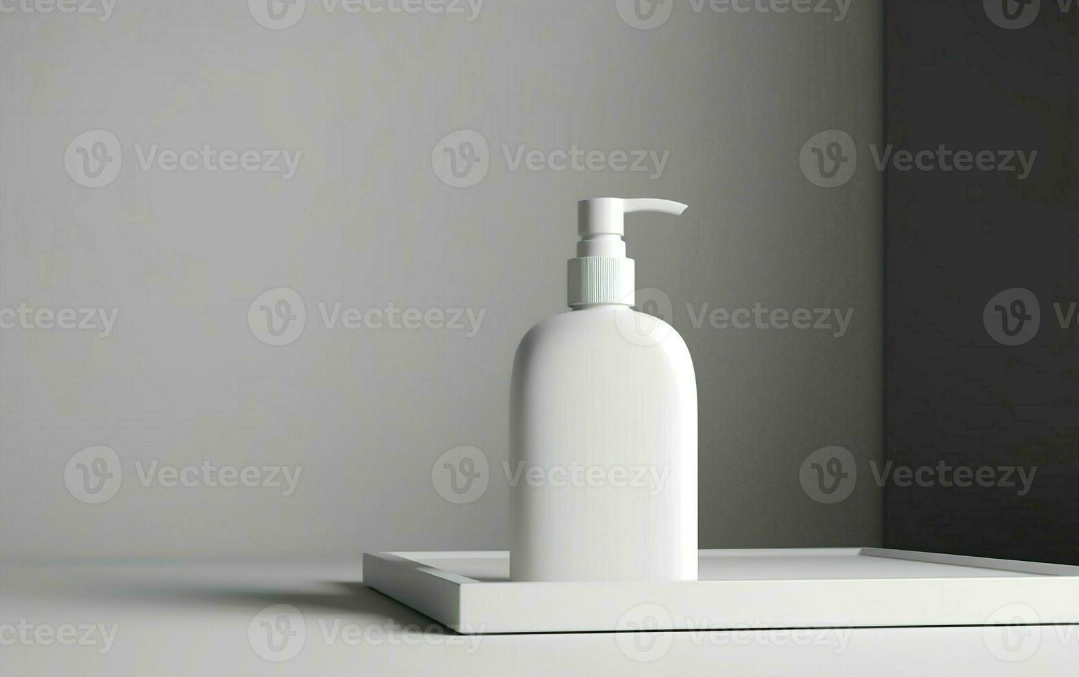 Mockup of a bottle of of white blanc dispenser, cosmetics product display scene, light gray background, AI Generative photo