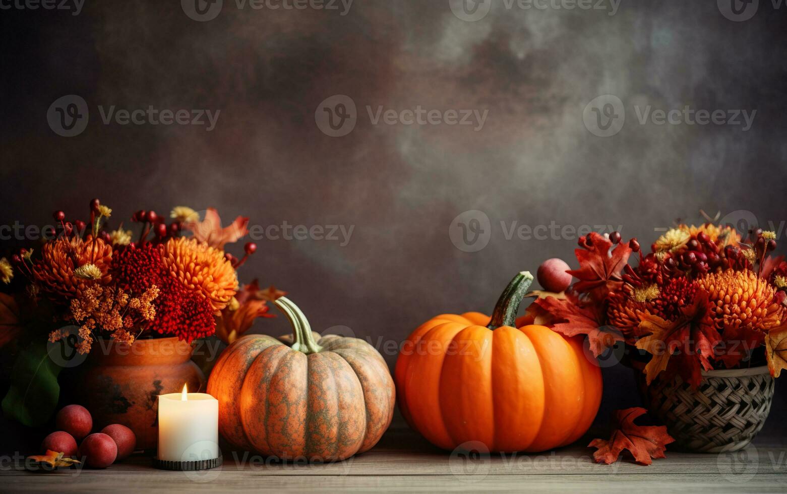 Festival decor composition with autumn pumpkins with dry flowers, candles and a wooden table on dark blurred background with copy space. Halloween concept. Cozy home. AI Generative photo