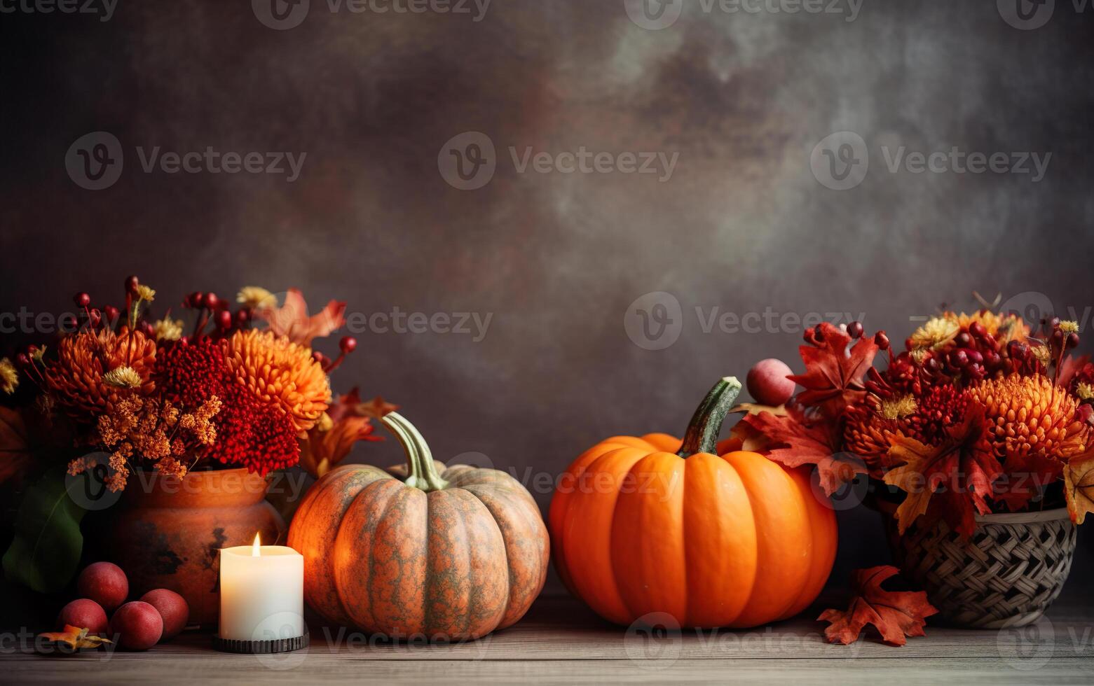 Festival decor composition with autumn pumpkins with dry flowers, candles and a wooden table on dark blurred background with copy space. Halloween concept. Cozy home. photo