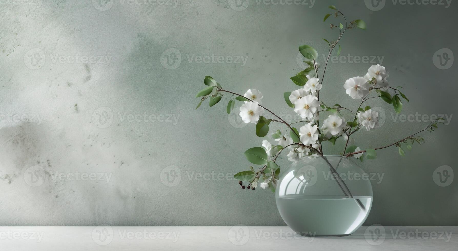 Modern glass vase with cherry flowers in sunlight from window on gray wall, shadow on white floor for decoration, luxury cosmetic, skincare, beauty product background display, AI Generative photo