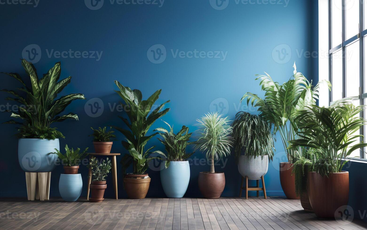 The indoor potted plants decoration in modern room with a wooden floor and blue wall. AI Generative photo