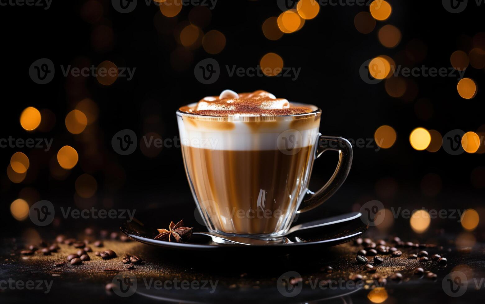 cup of latte coffee with cinnamon, star anise and whipped cream on a plate, blurred sparkling dark and orange background with beautiful bokeh, coffee beans, glitter on the wooden table. photo
