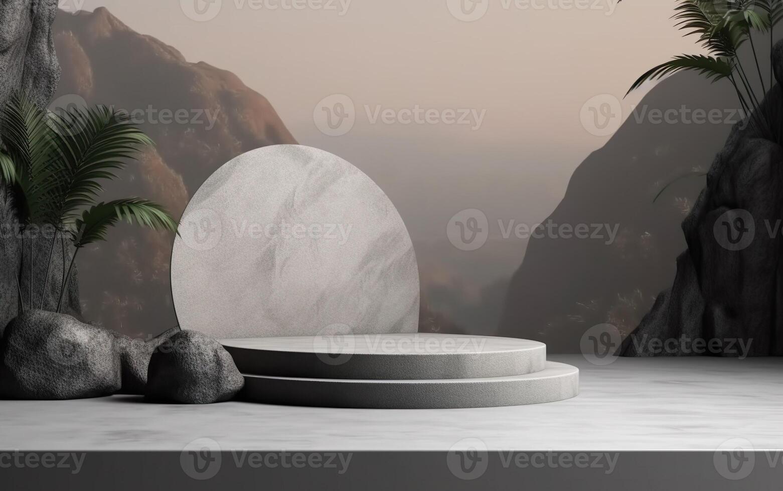 Empty podium scene with cylinder stand concept. Mountains and stones background, Blanc space for beauty skincare technology products display, photo