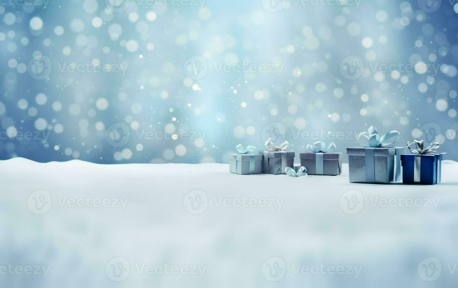 Navidad y nuevo año antecedentes - regalo cajas con azul cinta arco etiqueta en el nieve bokeh antecedentes. saludo festivo imagen con Copiar espacio. ai generado foto