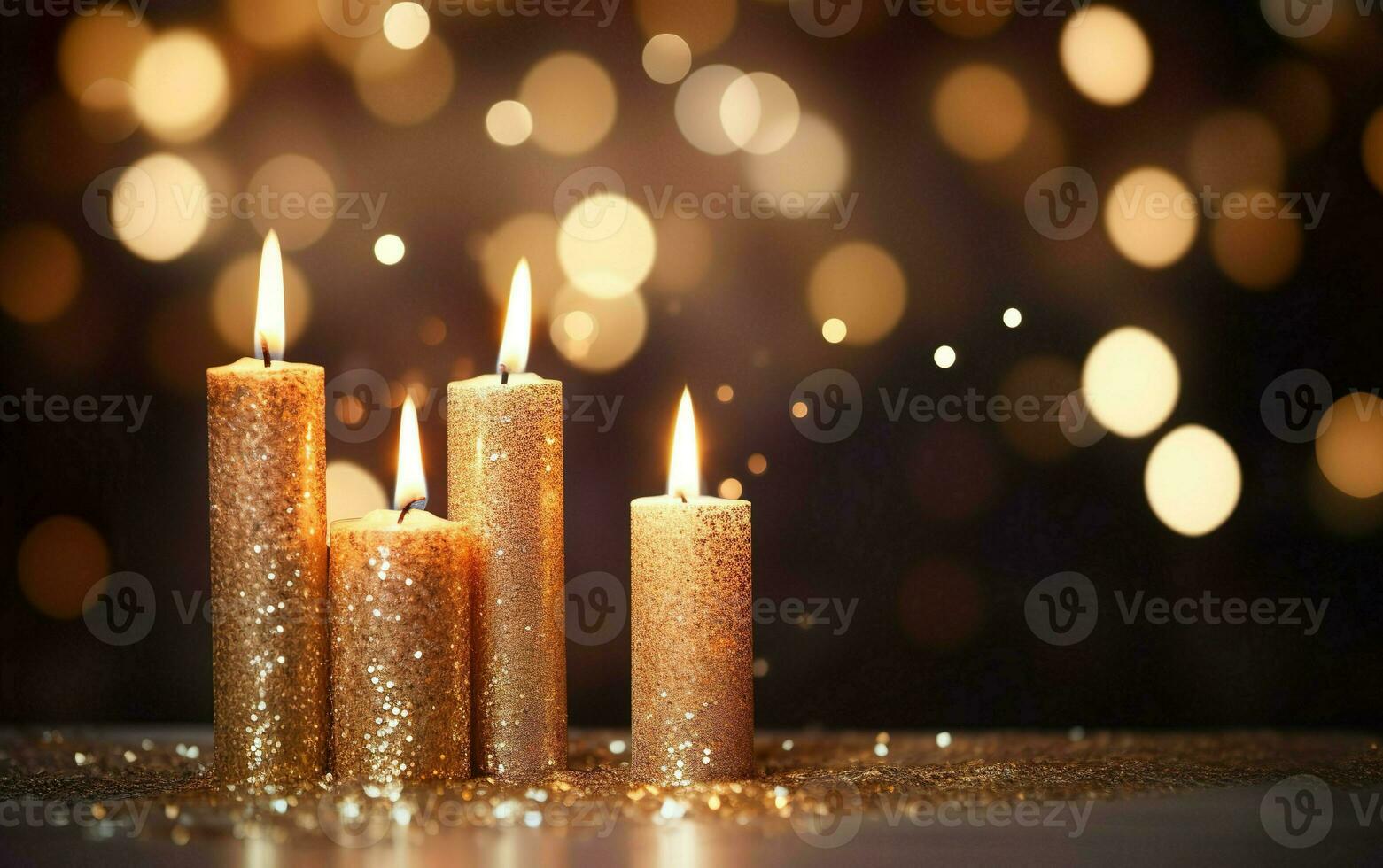 Romantic golden candles on table with blurred sparkling bokeh background. Christmas lights. AI Generative photo