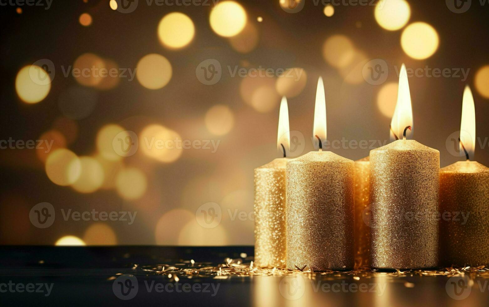 Romantic golden candles on table with blurred sparkling bokeh background. Christmas lights. Copy space. AI Generative photo