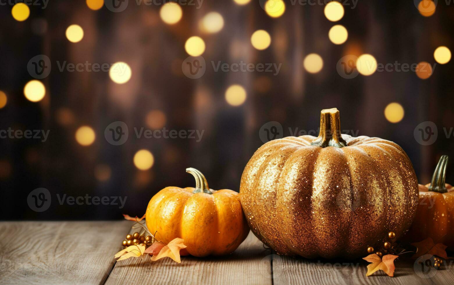Autumn decorative pumpkins background with copy space, blurred bokeh lights. Wooden table. Halloween concept. Happy Thanksgiving. AI Generative photo